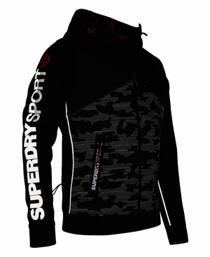 Superdry Gym Tech Spliced Cipzár Férfi Kapucnis Pulóver Camo/Fekete | UMLPG2598